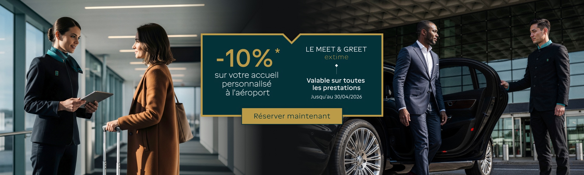 - 10% sur votre accueil personnalisé à l'aéroport, Le MEET&GREET Extime, valable sur toutes les prestations jusqu'au 30 avril