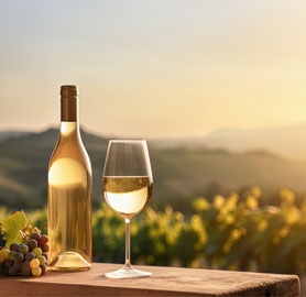 Bouteille de vin blanc qui est posée avec un verre de vin