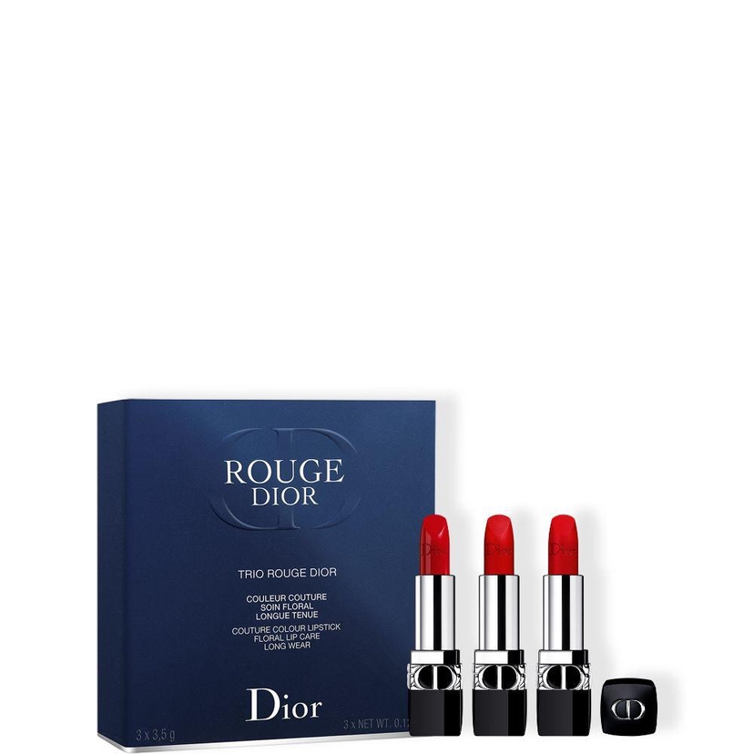 Rouge Dior Trio Set of Three 999 Lipsticks - Satin, Matte and Velvet Finishes - Couture Color - Floral Lip Care - Long Wear
